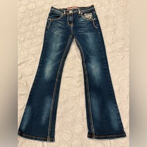 Cowgirl Hardware Dark Blue Flare Bootcut Jeans with Tan Stitching